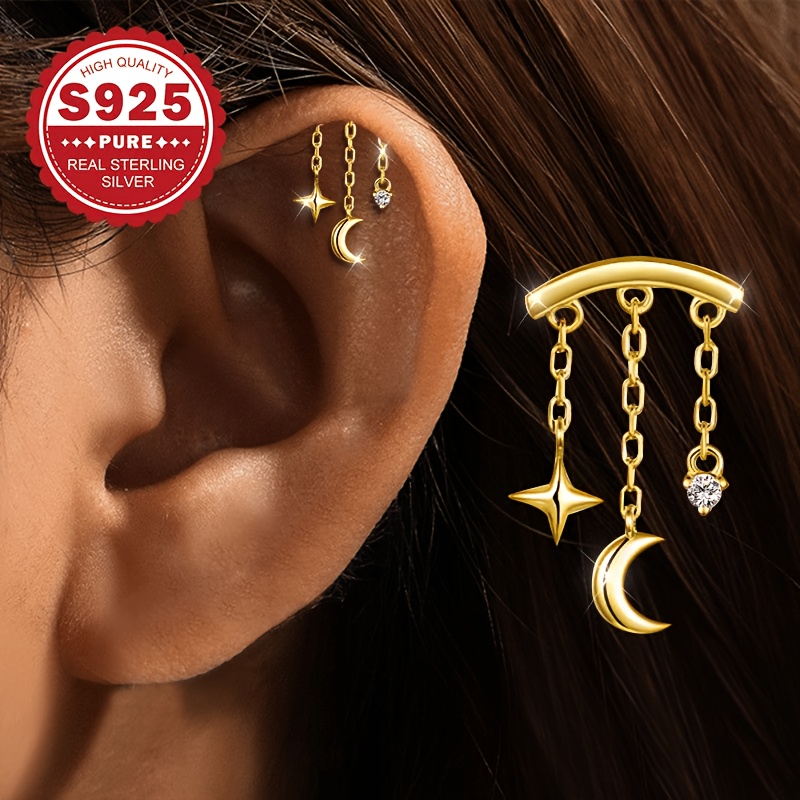 Women's S925 Tassel Star and Moon Ear Cuff Stud